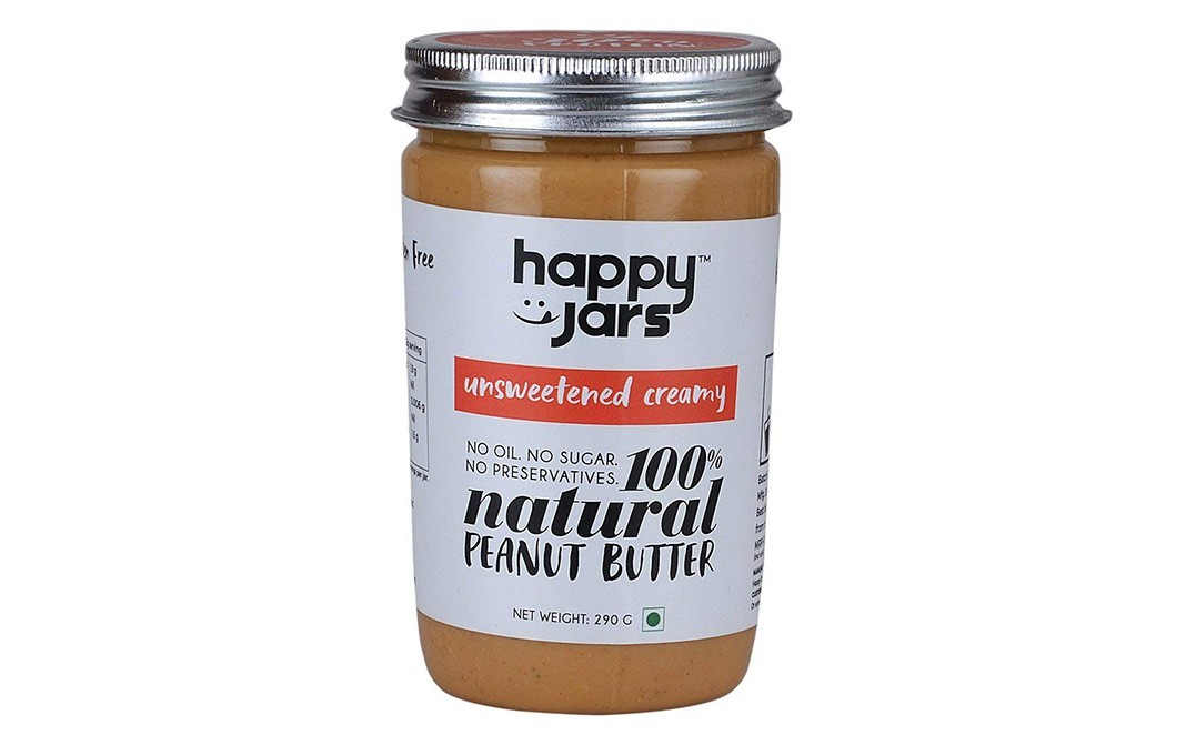 Happy Jars Unsweetwned Creamy 100% Natural Peanut Butter   Glass Jar  290 grams